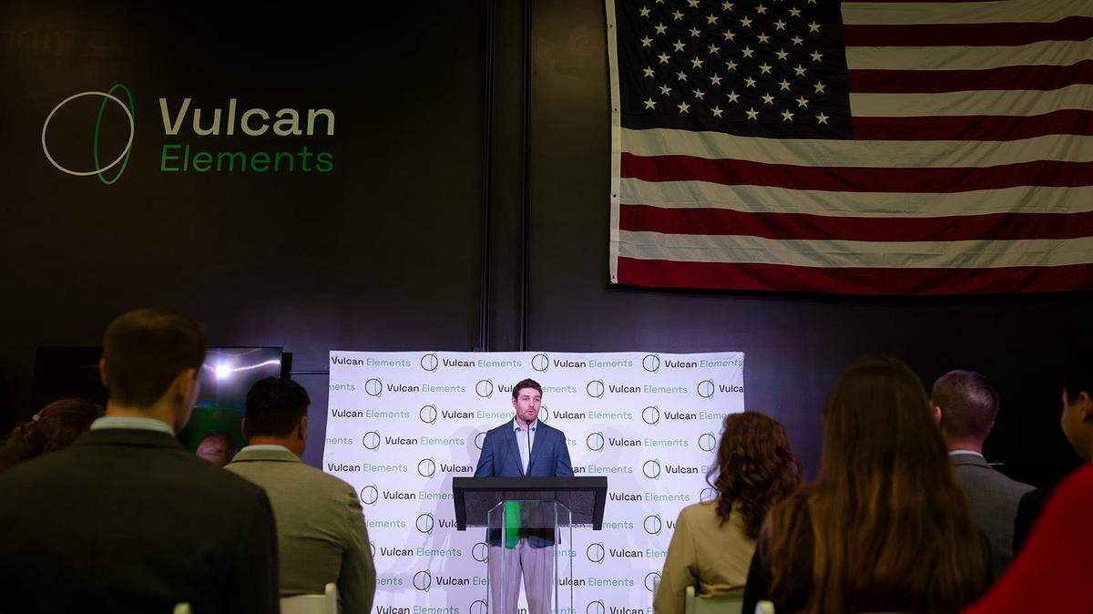Vulcan Elements cofounder and CEO John Maslin gives opening remarks at the company’s facility grand opening in Research Triangle Park on March 31, 2025. This week, Vulcan announced it would build a $918 million factory in Benson, N.C. 