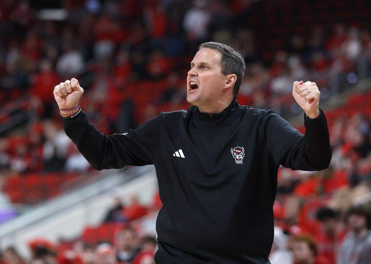 N.C. State head coach Will Wade reacts on the sideline during the second half of the Wolfpack’s 114-66 win over North Carolina Central at Lenovo Center on Monday, Nov. 3, 2025, in Raleigh, N.C.