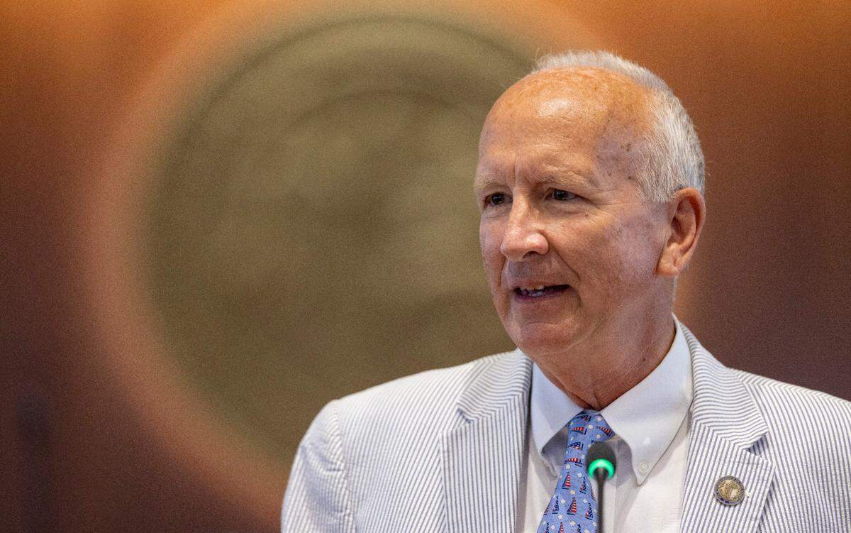 North Carolina Supreme Court Chief Justice Paul Newby speaks during the North Carolina Medal of Valor ceremony honoring Craven County deputy Lt. Lyndsey Moses-Winnings at the General Assembly on July 10, 2024 in Raleigh.