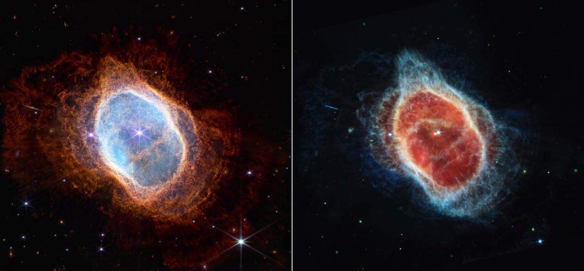 This combo of images released by NASA on Tuesday, July 12, 2022, shows a side-by-side comparison of observations of the Southern Ring Nebula in near-infrared light, at left, and mid-infrared light, at right, from the Webb Telescope.