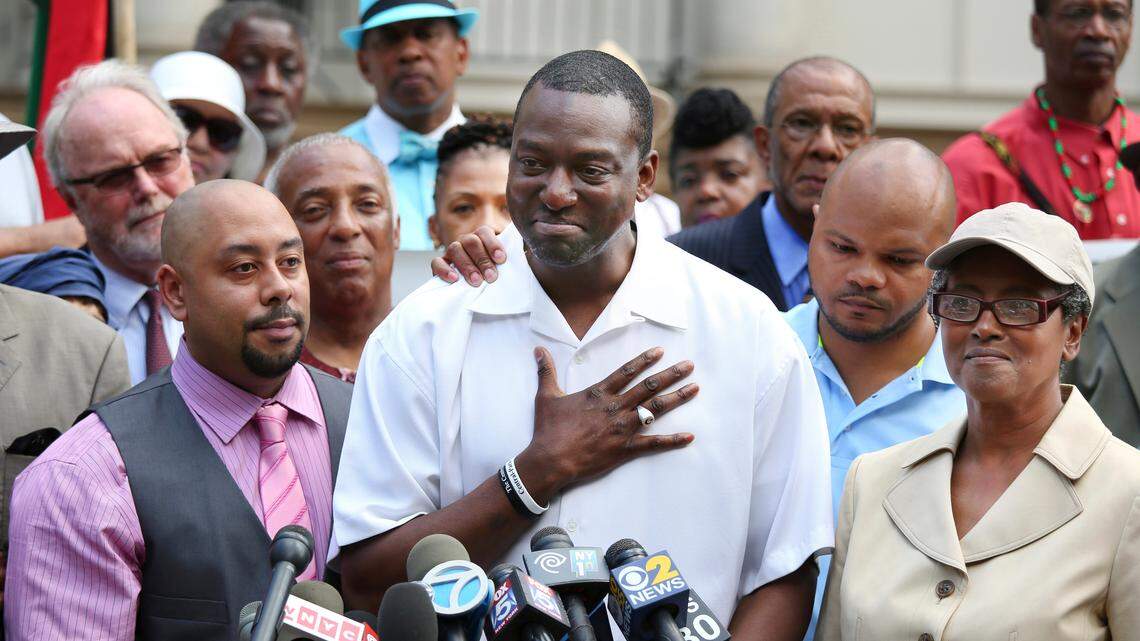 Yusef Salaam, one of the five men whose convictions in a brutal 1989 rape were overturned, outside City Hall in New York, June 27, 2014. With a new Netflix series revisiting the case of the wrongfully convicted teenage boys, a writer who covered the original trial looks back on a warped time, and the warping of truth.