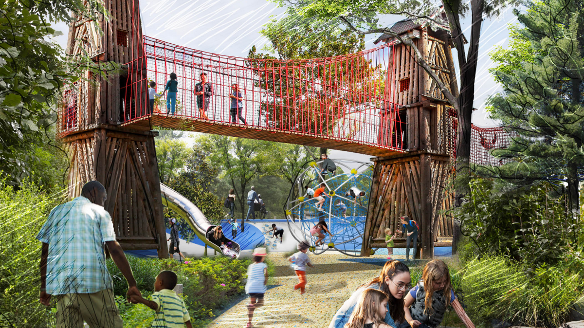 A rendering of the “NC Playground” at the Gipson Play Plaza under construction at Dorothea Dix Park.