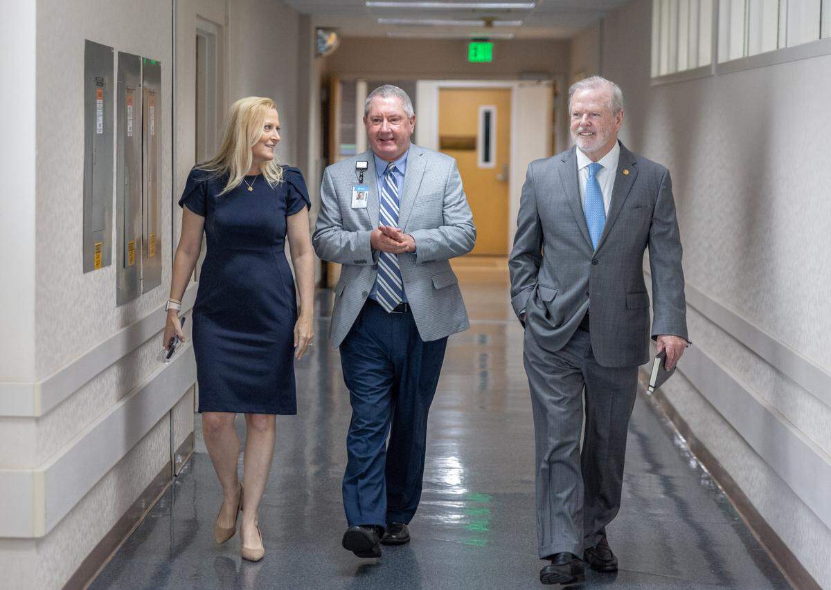 Dr. Cristy Page toured UNC Health Rockingham in July with the hospital’s CEO, Steve Eblin, and N.C. Senate President Phil Berger, right. As interim CEO of the UNC health system, Page was there to reaffirm its commitment to keeping the 108-bed community hospital open in Berger’s district.