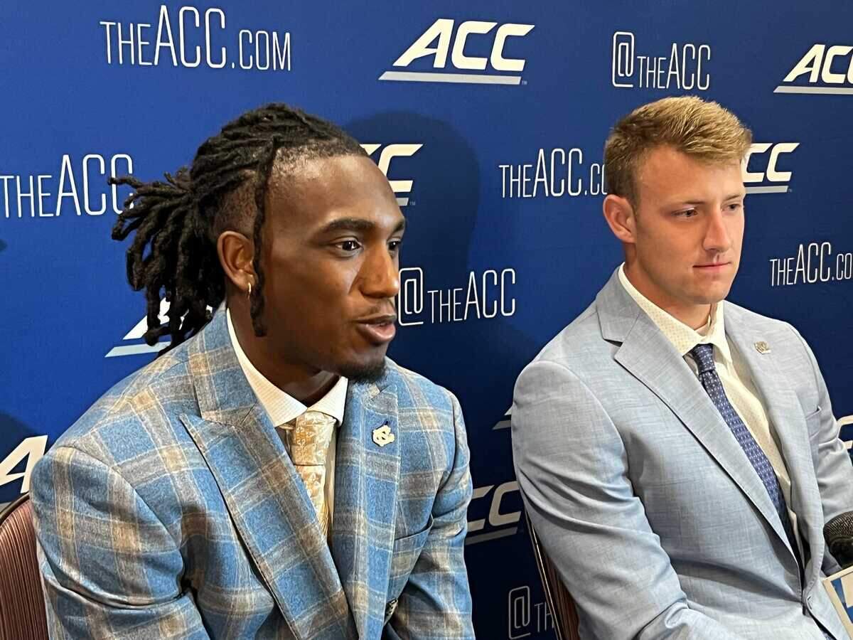 UNC quarterbacks Conner Harrell, right, and Max Johnson at ACC Kickoff in Charlotte on July 25, 2024.