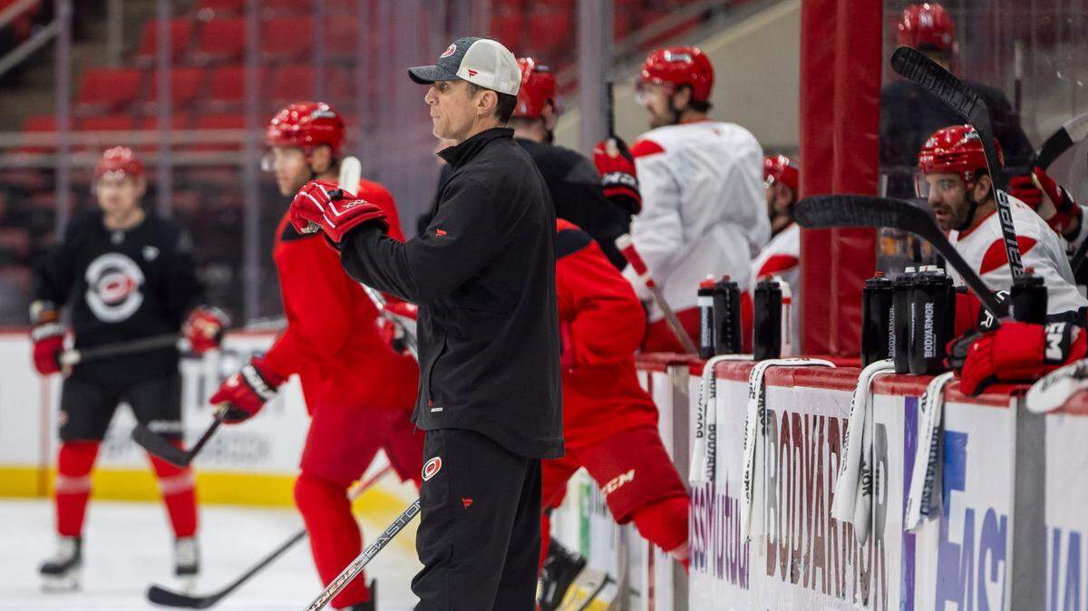 Carolina Hurricanes coach Rod Brind’Amour watches his team during practice as they prepare for their Stanley Cup series against the Washington Capitals on Friday, May 2, 2025 at Lenovo Center in Raleigh, N.C.