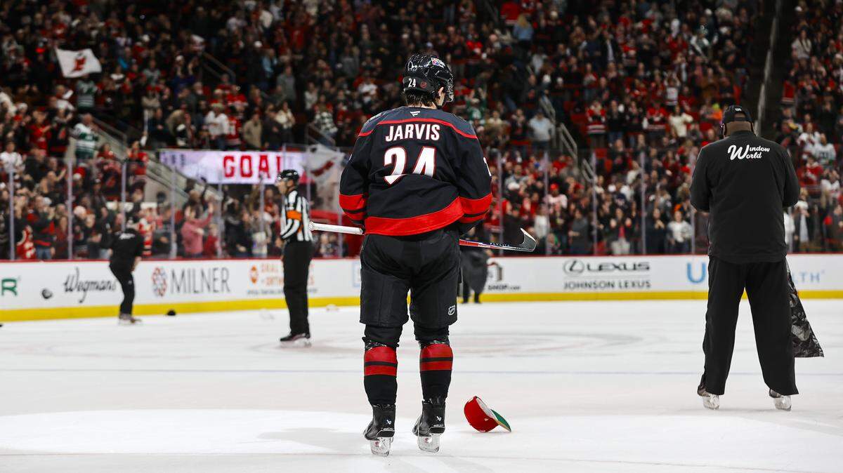 Seth Jarvis of the Carolina Hurricanes skates on the ice after scoring a goal for a hat trick during the third period of the game against the Winnipeg Jets at the Lenovo Center on Nov. 28, 2025 in Raleigh, North Carolina.