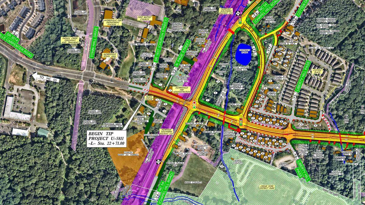 The N.C. Department of Transportation plans to reconfigure the intersection of Aviation Parkway and N.C. 54/Chapel Hill Road in Morrisville. Drivers will use a new loop road, seen here in the upper right corner of the intersection, to make left turns. Morrisville Town Hall is in the upper left corner of this diagram.
