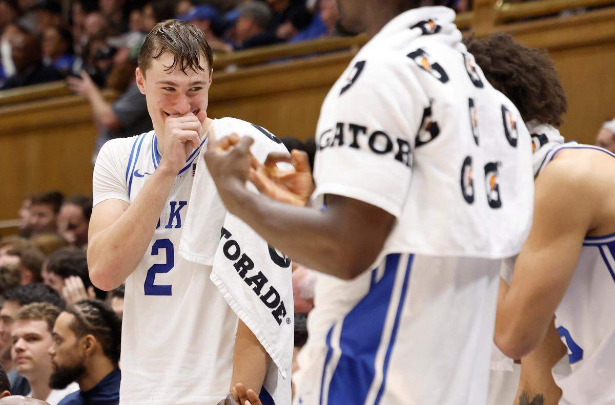 Duke’s Cooper Flagg (2) laughs with teammates late in the second half of Duke’s 86-35 victory over Wofford at Cameron Indoor Stadium in Durham, N.C., Saturday, Nov. 16, 2024.