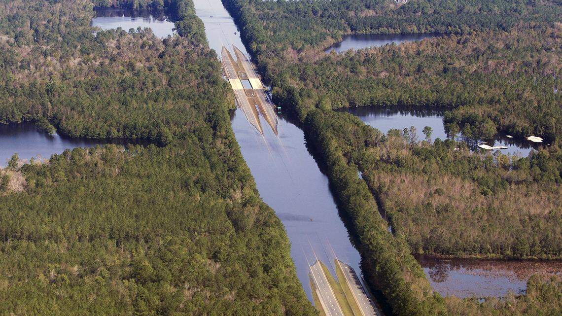 Interstate 40 near Wallace, N.C. remained closed on Sept. 20 after the NE Cape Fear River flooded the highway from the effects of Hurricane Florence.