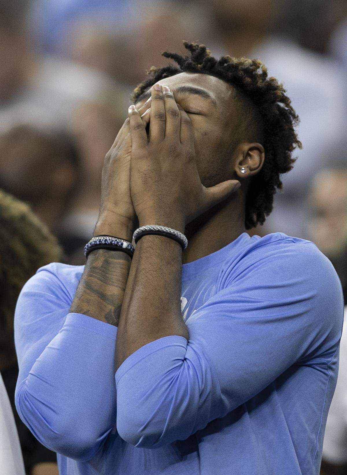 North Carolina’s Anthony Harris reacts as Kansas secures their 72-69 victory over North Carolina in the NCAA Championship game on Monday, April 4, 2022 at Caesars Superdome in New Orleans, La.