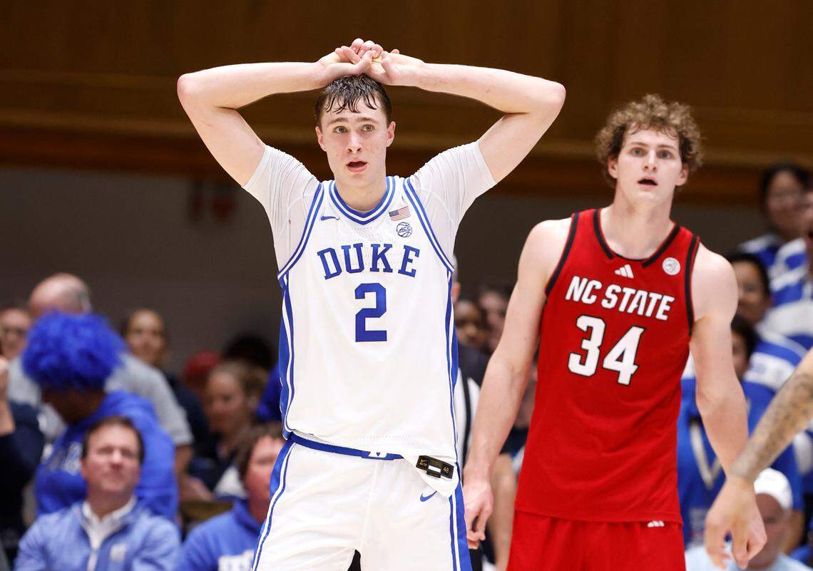 Duke’s Cooper Flagg (2) takes a breather during the second half of Duke’s 74-64 victory over N.C. State at Cameron Indoor Stadium in Durham, N.C., Monday, Jan. 27, 2025. N.C. State’s Ben Middlebrooks (34) stands to the right.