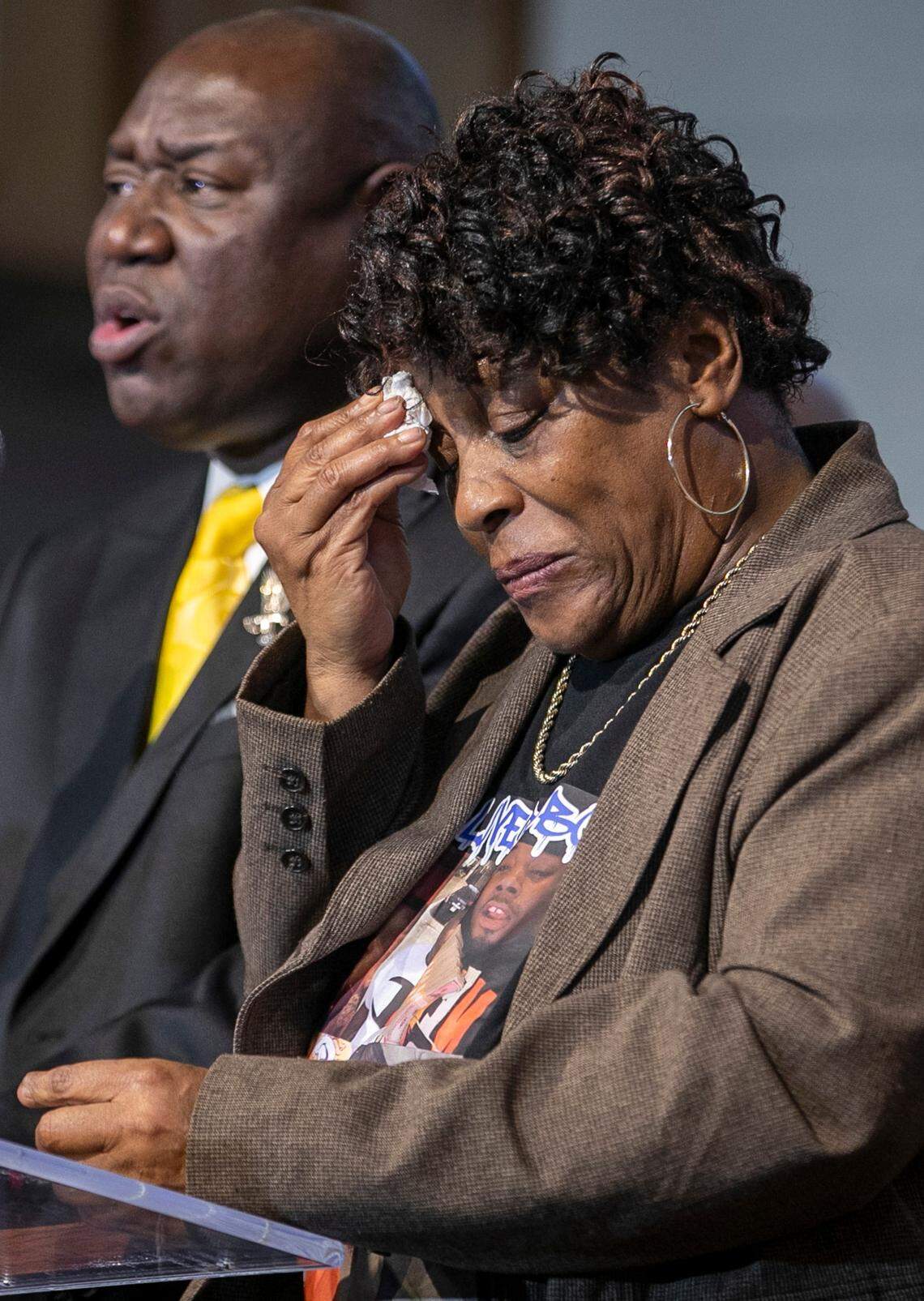 Sonya Williams, the mother of Darryl Williams, weeps while civil rights attorney Ben Crump speaks during a press briefing on Thursday, February 16. 2023 at Mount Peace Baptist Church in Raleigh, N.C. Williams was tased by Raleigh police in January. Crump has been retained by the Williams family, calling for the officers involved to be charged with manslaughter.