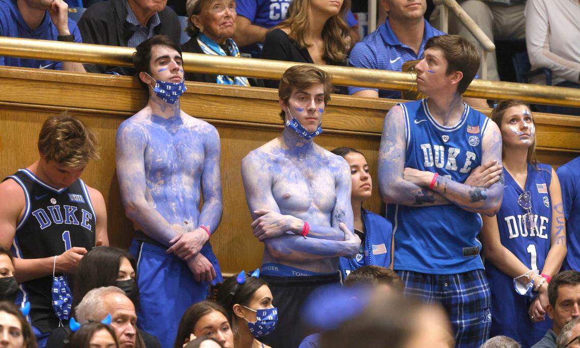 Duke fans react after UNC 94-81 victory over Duke at Cameron Indoor Stadium in Durham, N.C., Saturday, March 5, 2022.