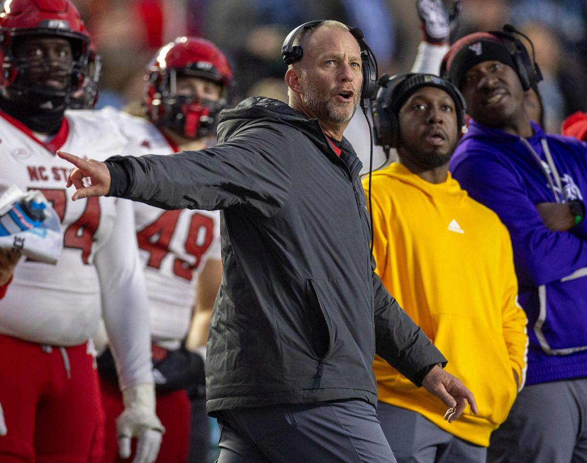 N.C. State coach Dave Doeren reacts as North Carolina kicker Noah Burnette misses a 43-yard field goal attempt in the second quarter on Saturday, November 30, 2024 at Kenan Stadium in Chapel Hill, N.C.