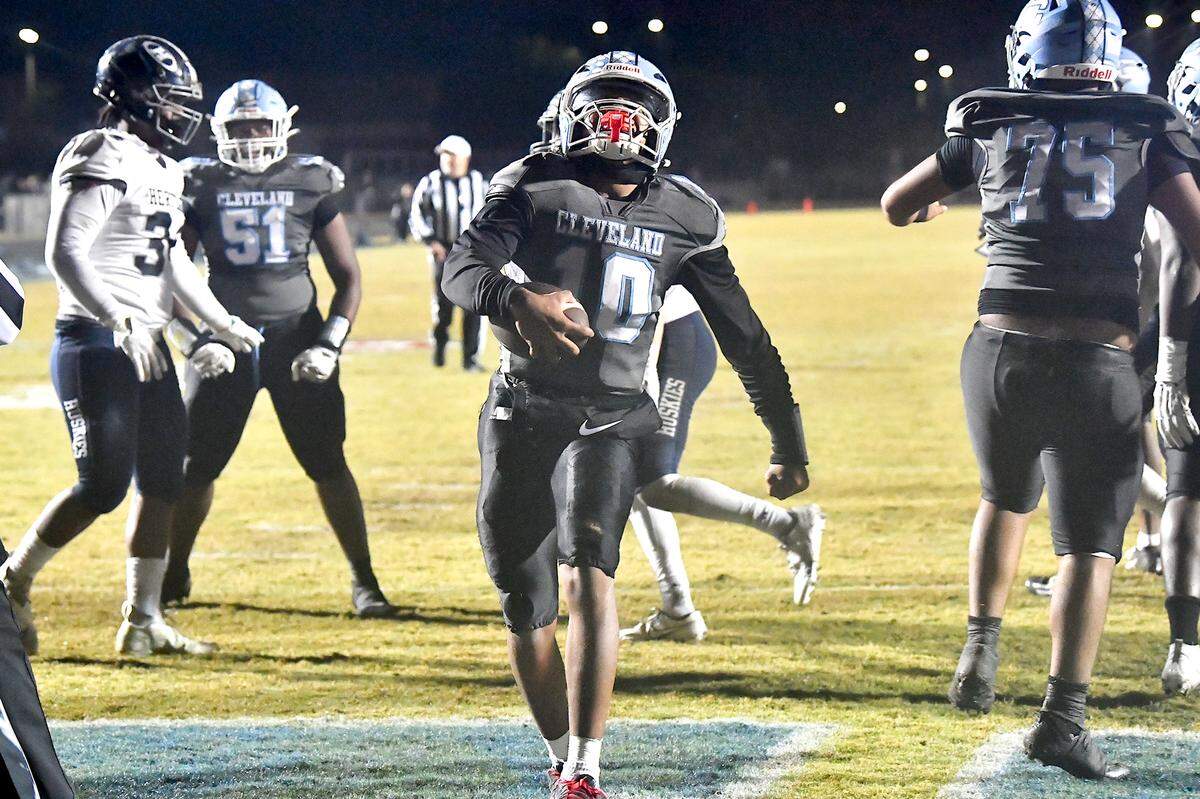 Cleveland quarterback Jackson Byrd (10) reacts after running the game winning touchdown against Heritage late in the second half. The Cleveland Rams and the Heritage Huskies met in the first round of the NCHSAA 4A playoffs in Clayton, N.C. on November 15, 2024.