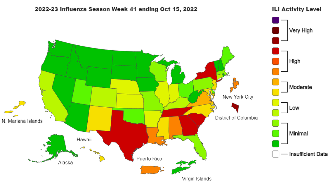 This map captures estimated incidence of flu in the United States during on week in October. CDC stresses that its counts are not precise. Data received from health departments is not equally up to date.
