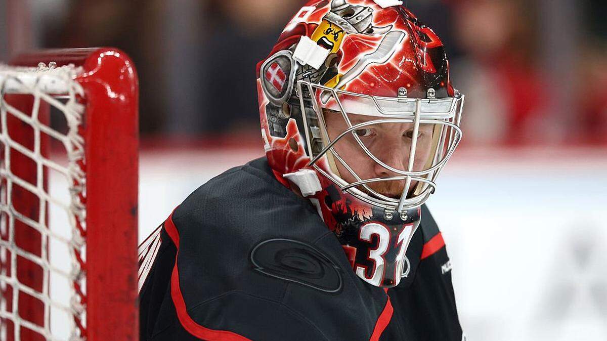 Frederik Andersen #31 of the Carolina Hurricanes warms up prior to the game against the New Jersey Devils at Lenovo Center on October 09, 2025 in Raleigh, North Carolina.