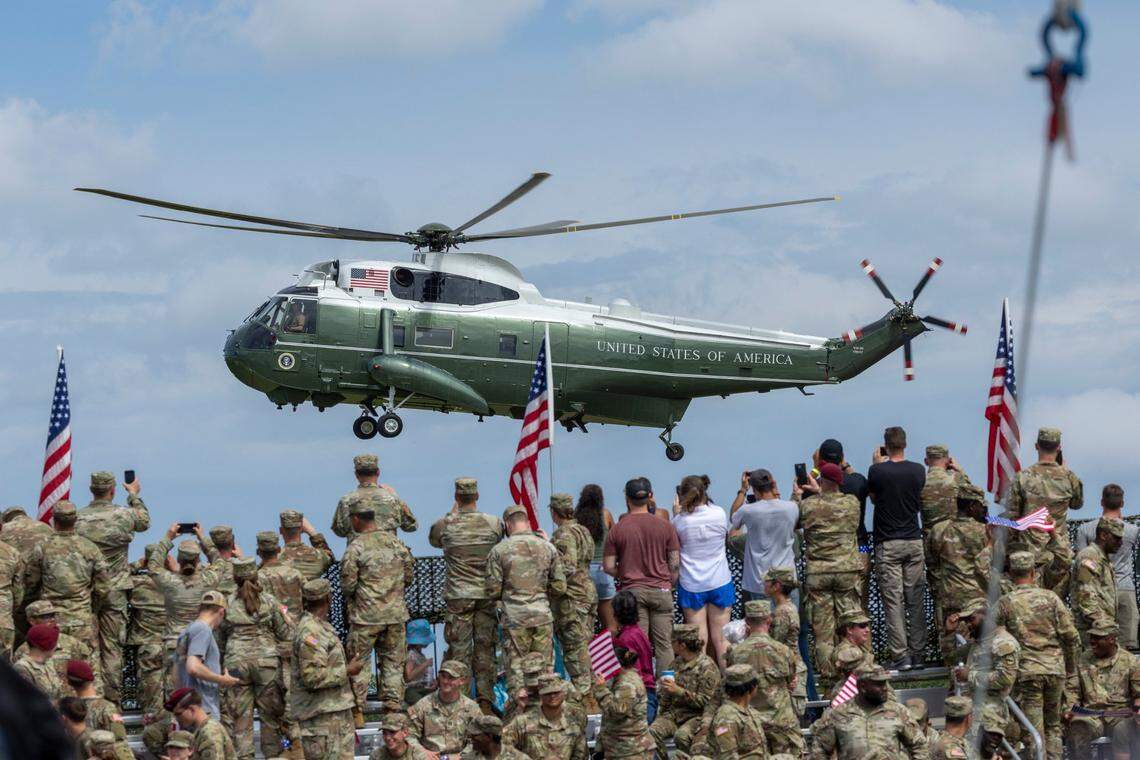 Soldiers watch as Marine One lands Tuesday, June 10, 2025, at Fort Bragg where President Donald Trump celebrated the U.S. Army’s 250th anniversary. Defense Secretary Pete Hegseth and Army Secretary Dan Driscoll, a North Carolina native and UNC-Chapel Hill alumnus, also attended.