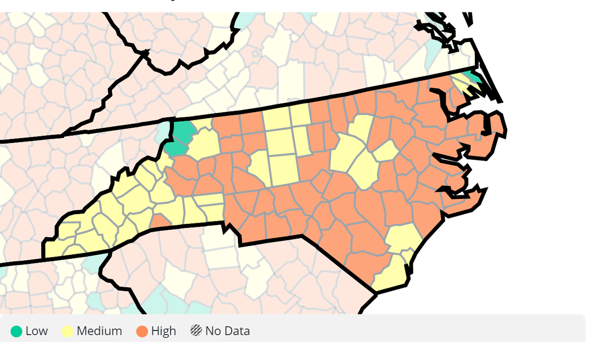 Sixty-two counties in North Carolina are now shaded orange, signaling high transmission rates of COVID-19. That’s 10 more counties than last week.