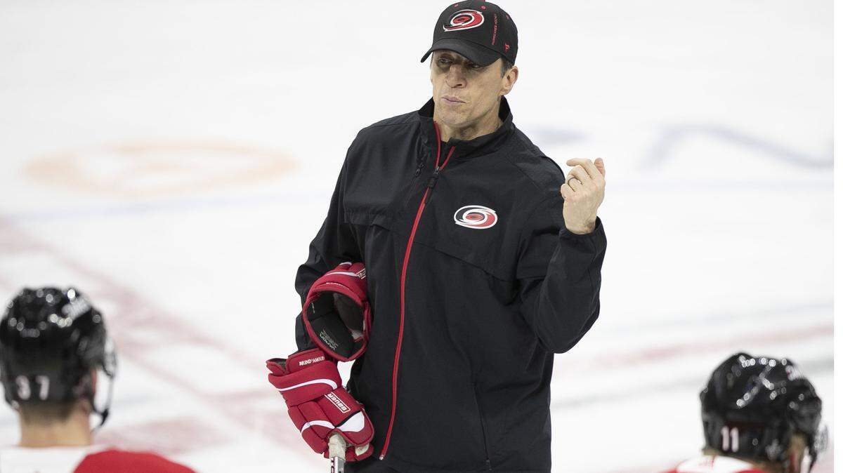 Carolina Hurricanes coach Rod Brind’Amour works with his team during practice on Monday, May 13, 2019 at PNC Arena in Raleigh, N.C. The Hurricanes are preparing for Game 3 of their Eastern Conference finals against the Boston Bruins