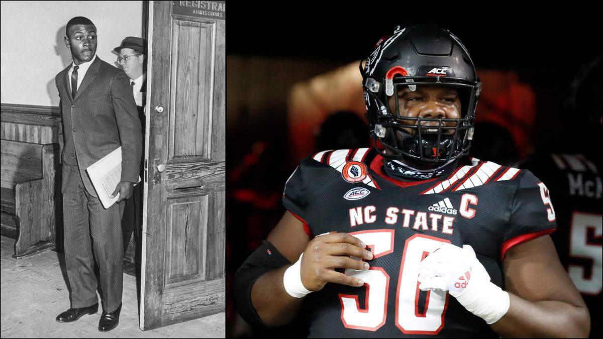 Harvey Gantt, left, the first Black student to be admitted to Clemson, former mayor of Charlotte and Senate candidate, is the grandfather of N.C. State football center Grant Gibson.