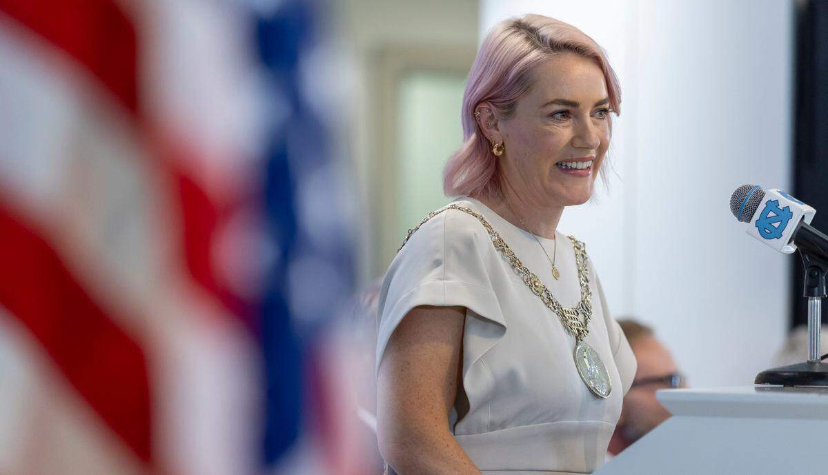Lord Mayor Emma Blain, the mayor of Dublin, speaks about the North Carolina Tar HeelsÕ game against TCU in the 2026 Aer Lingus College Football Classic in Dublin, Ireland, during a press briefing on Wednesday, April 23, 2025 at Kenan Stadium in Chapel Hill, N.C.