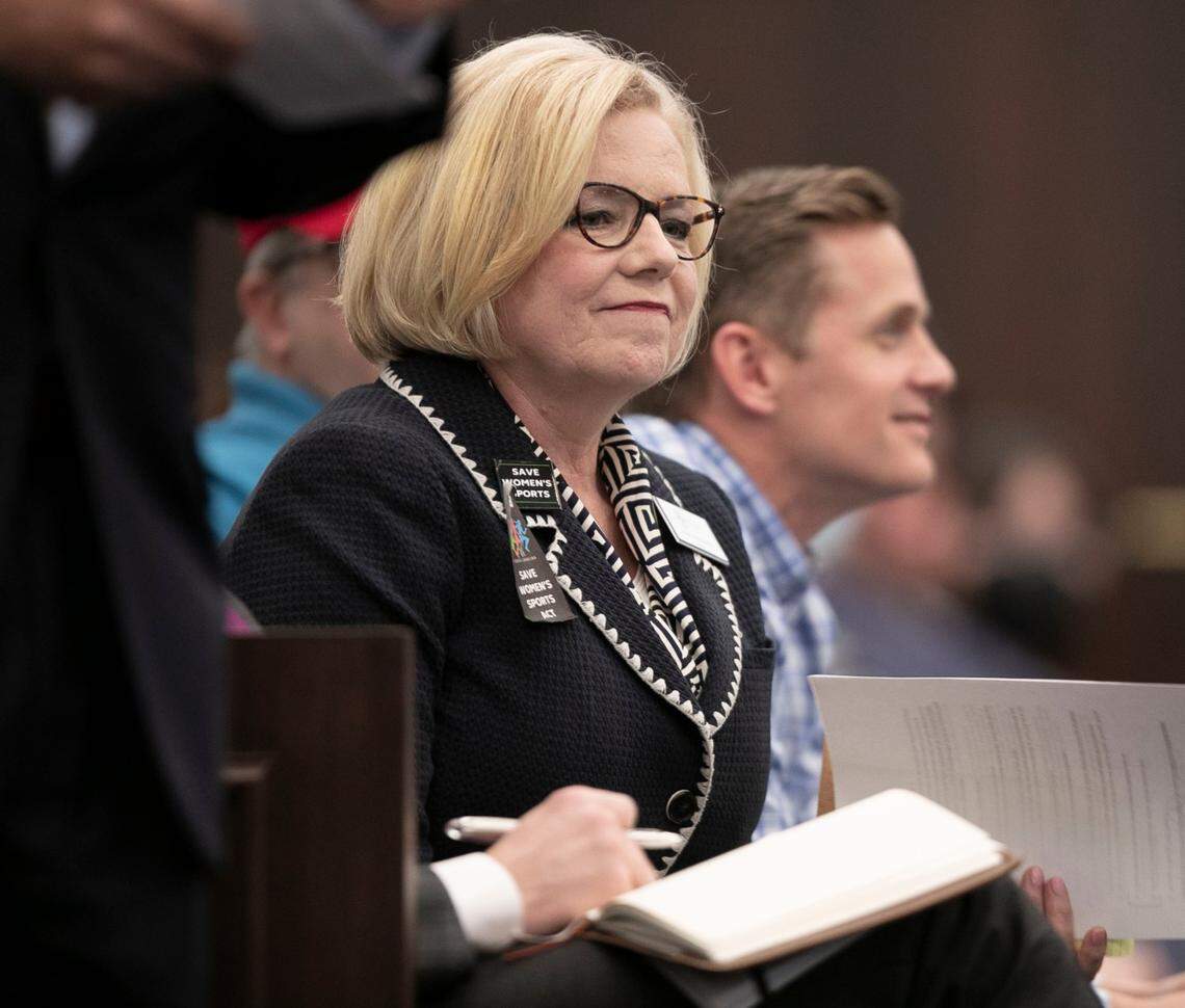 Tami Fitzgerald, a lobbyist for the North Carolina Values Coalition and a supporter of HB 358, listens to speakers during a public hearing on the bill before the Judiciary 1 House Standing Committee on Wednesday, April 14, 2021 at the Legislative Office Building on Raleigh, N.C.