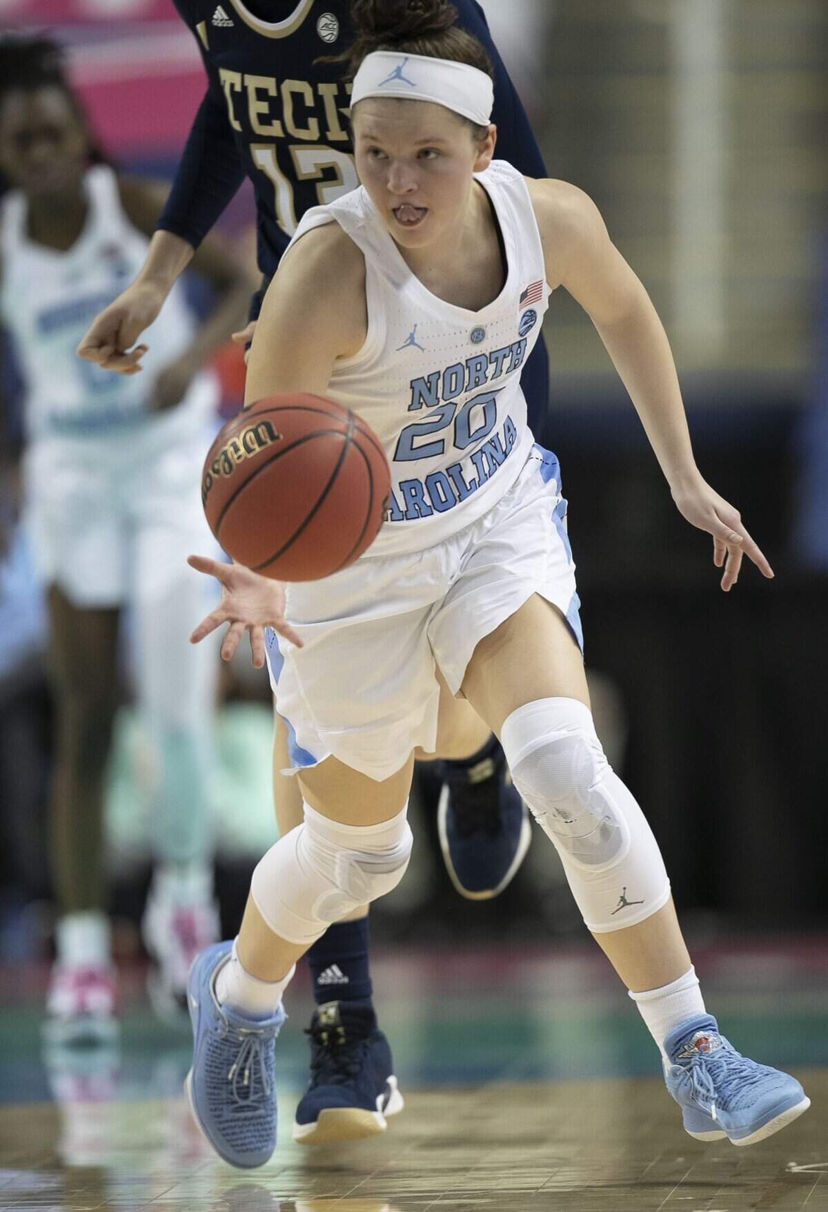 North Carolina’s Leah Church (20) starts a fast break during the second half against Georgia Tech on Thursday, March 7, 2019 during the ACC Tournament at the Greensboro Coliseum in Greensboro, N.C.