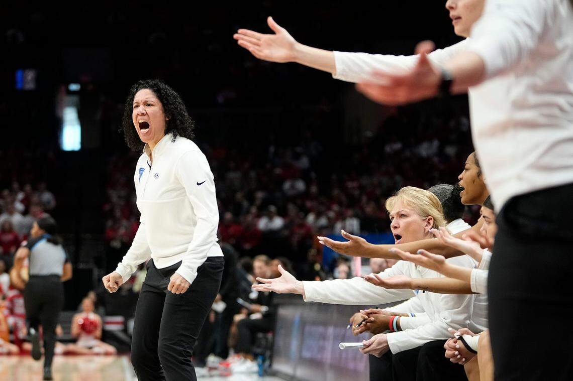 Mar 24, 2024; Columbus, OH, USA; Duke Blue Devils head coach Kara Lawson reacts during the first half of the women’s NCAA Tournament second round against the Ohio State Buckeyes at Value City Arena.
