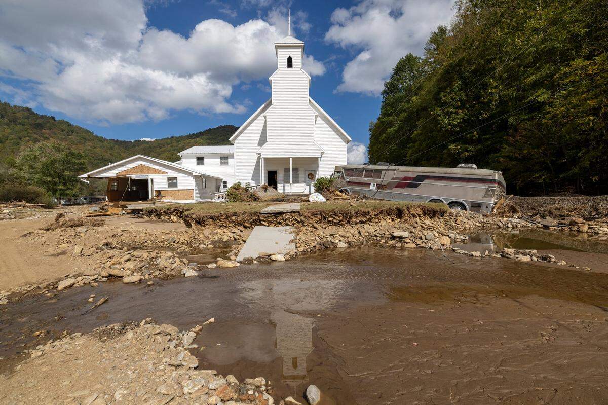 The Laurel Branch Baptist Church, on Thursday, October 3, 2024, in the Yancey County community of Pensacola, N.C. suffered heavy damage after the Cane River and Cattail Creek flooded the community during Hurricane Helene.