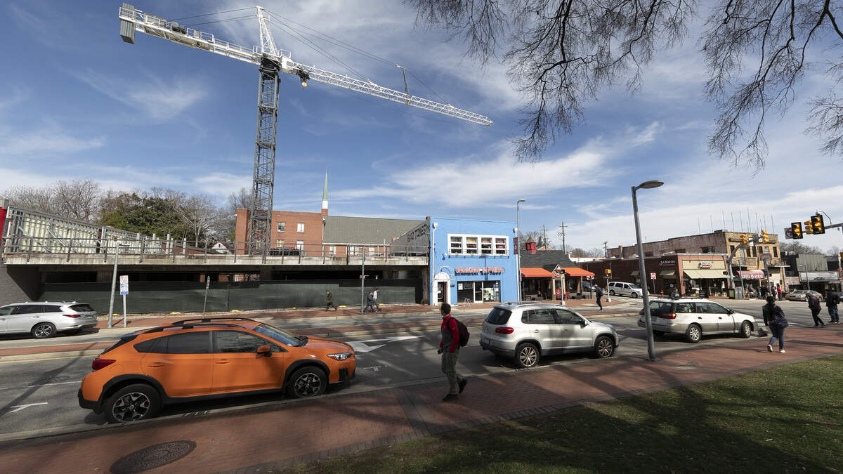 The crane that once towered for years over a stalled apartment project on Hillsborough Street in Raleigh. It was taken down in 2019.