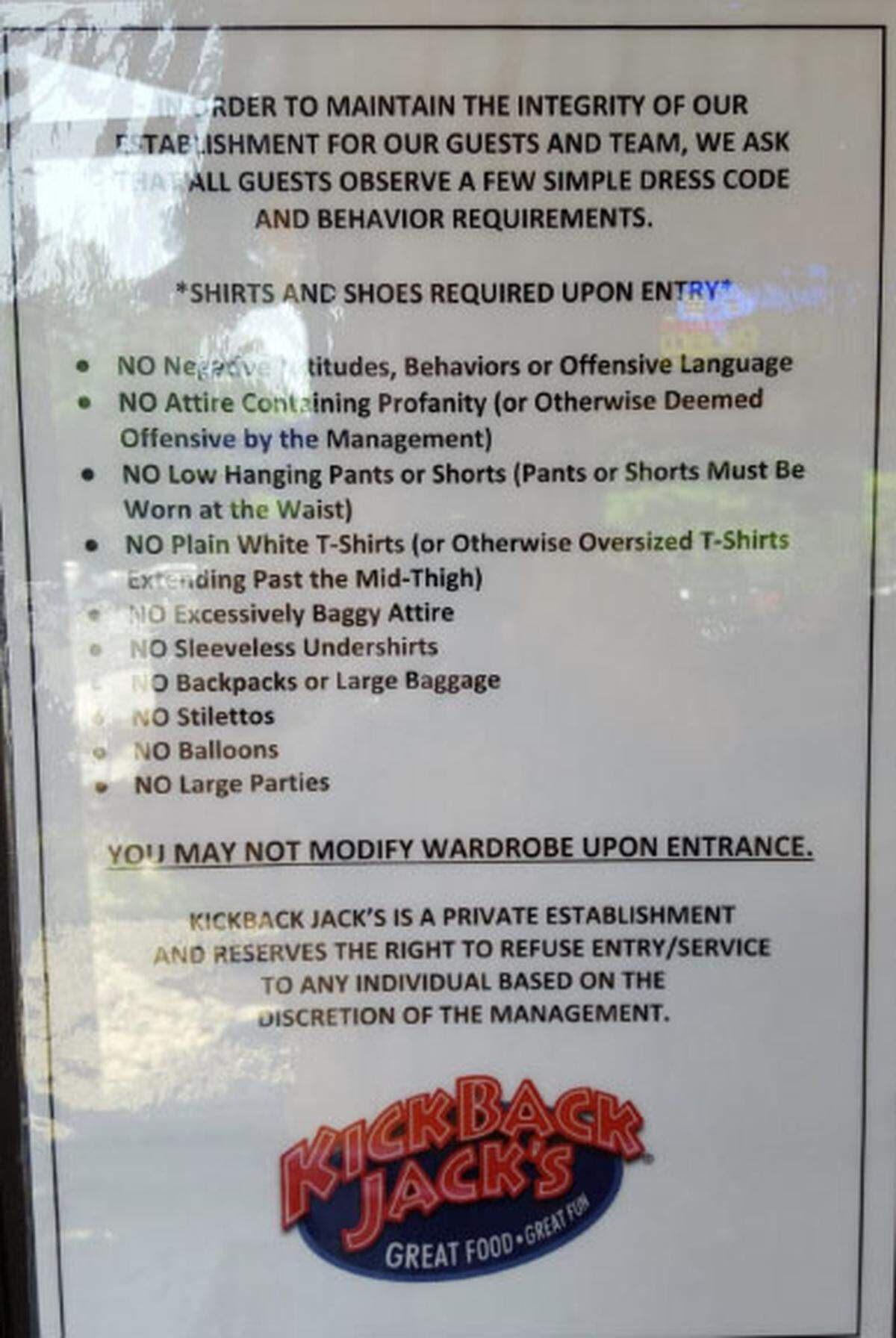 This week, this photo of the policy hanging inside Kickback Jack's in Durham went viral on social media. Social media posts, some shared hundreds of times, call the policy racist and discriminatory and an effort to make black diners feel unwelcome. The policy is in effect at all Kickback Jack's locations.
