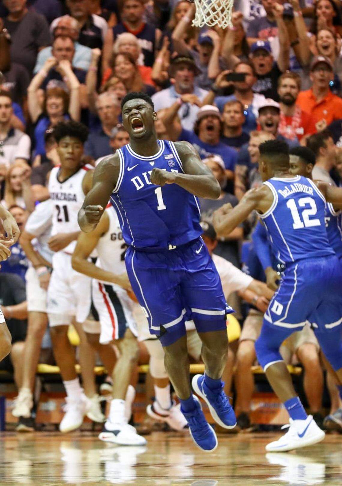 LAHAINA, HI - NOVEMBER 21: Zion Williamson #1 of the Duke Blue Devils clinches his fist and lets out a yell after funking the ball during the second half of the game against the Gonzaga Bulldogs at the Lahaina Civic Center on November 21, 2018 in Lahaina, Hawaii.  (Photo by Darryl Oumi/Getty Images)