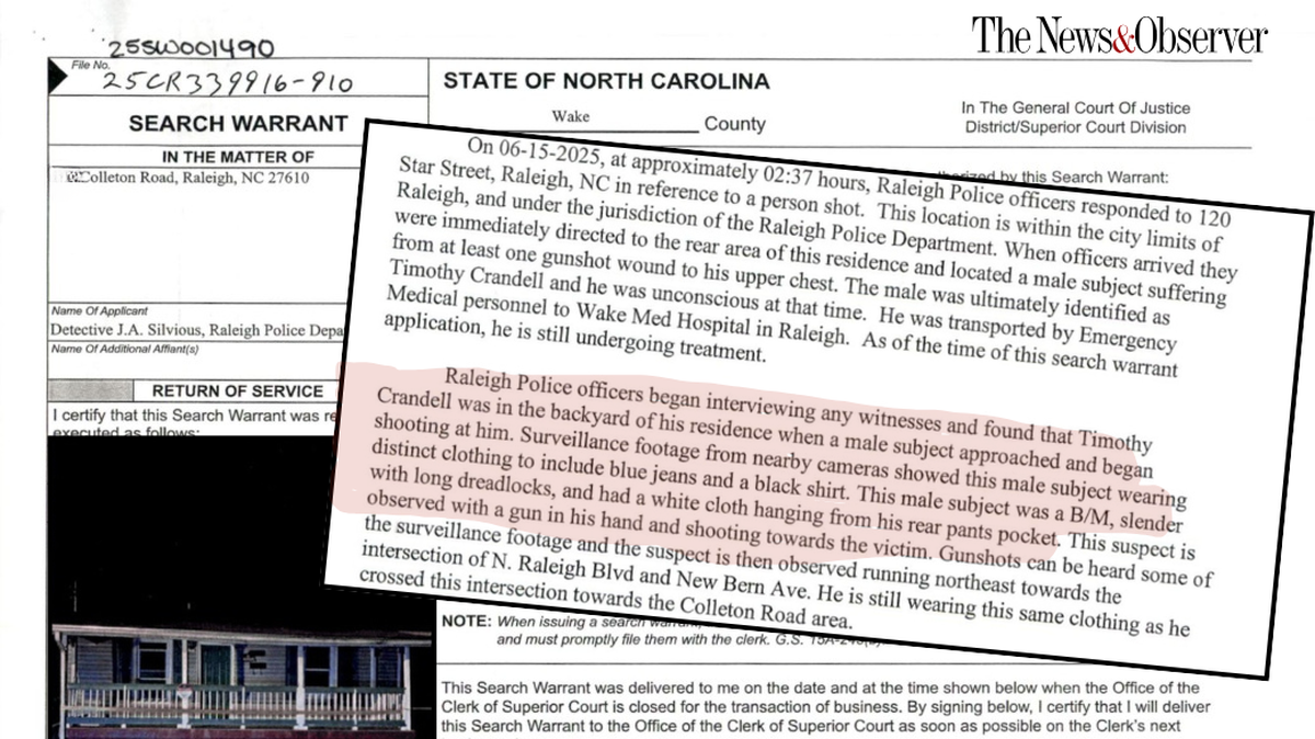 A graphic showing excerpts from search warrants and an autopsy report in the June 15, 2025, shooting of Timothy Crandell.