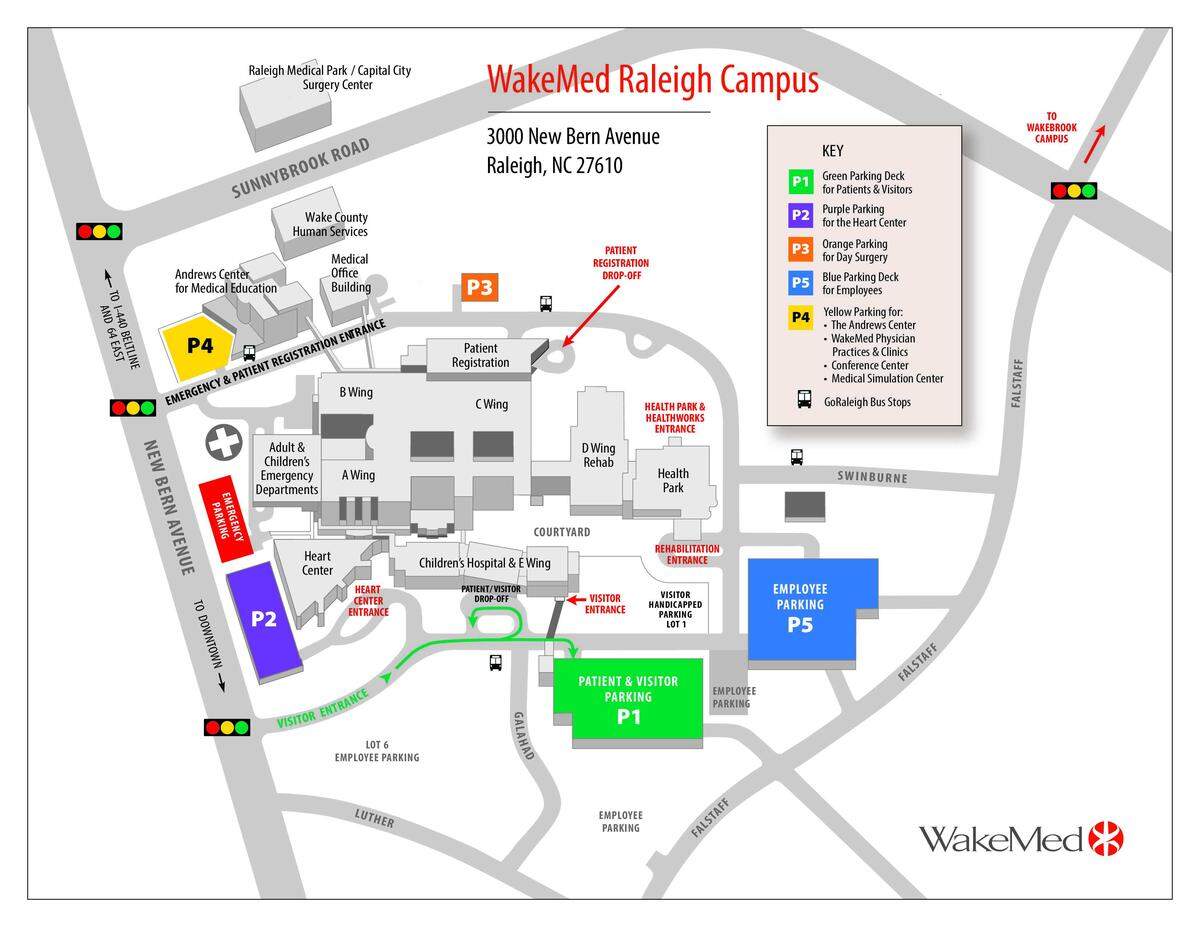 A map of WakeMed’s Raleigh Campus. WakeMed is restricted under an agreement with Wake County from selling or leasing about 30 acres of the nearly 40-acre area of the main hospital buildings.