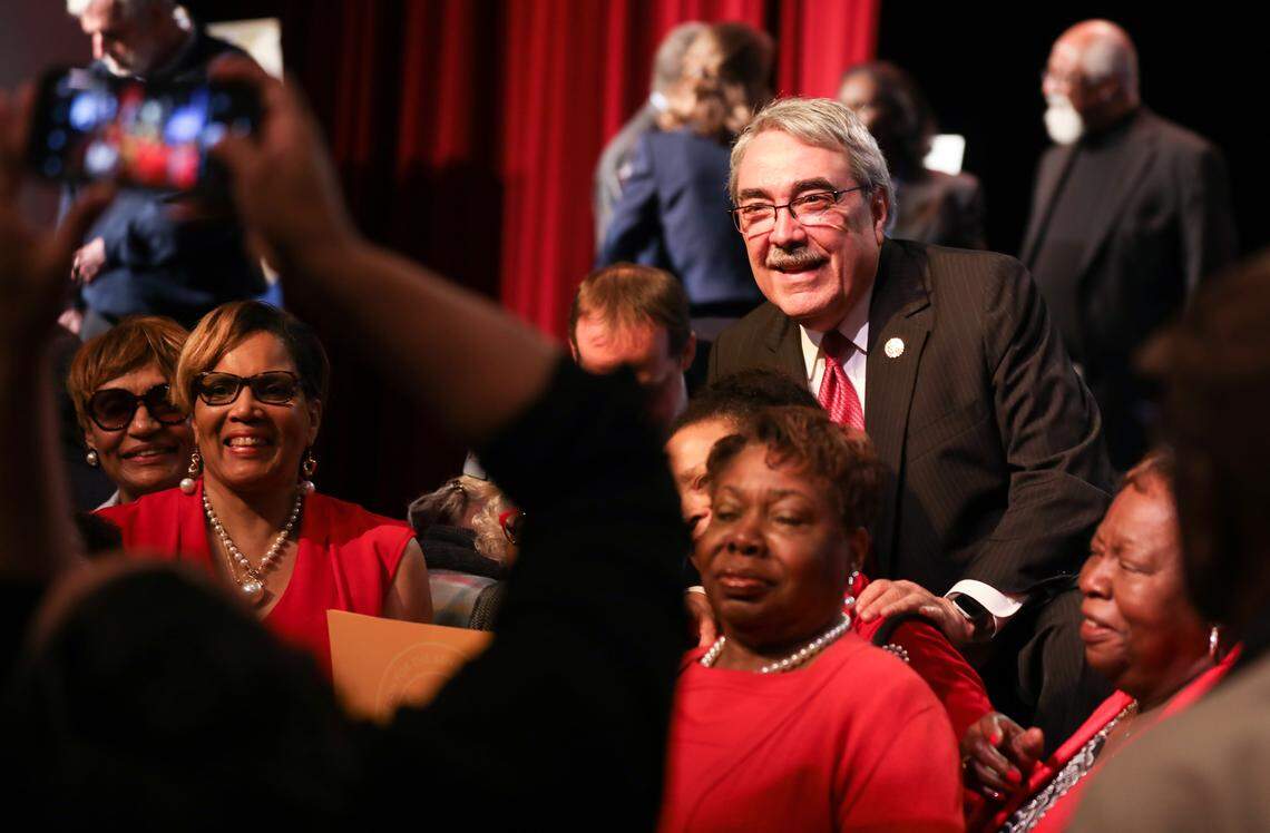 Rep. G.K. Butterfield takes photos with attendees after a field hearing on voting rights at Halifax Community College on Thursday, April 18, 2019.