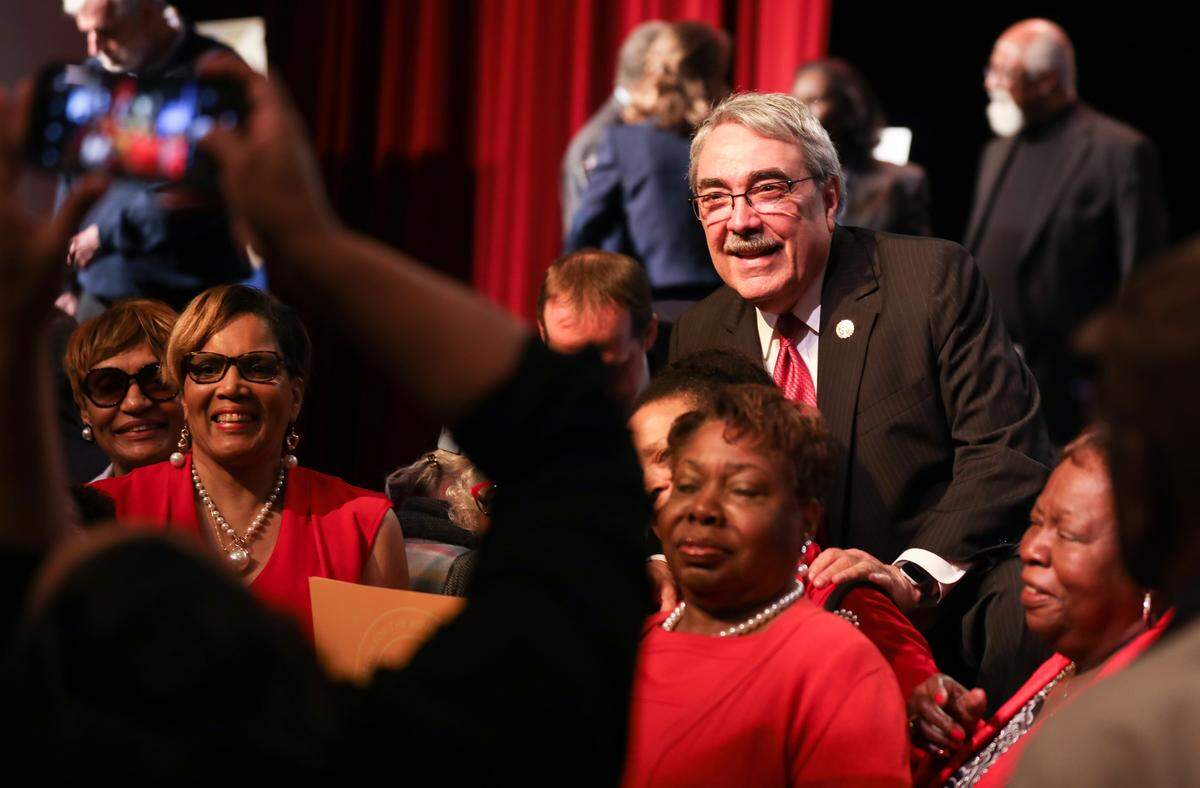 Rep. G.K. Butterfield takes photos with attendees after a field hearing on voting rights at Halifax Community College on Thursday, April 18, 2019.