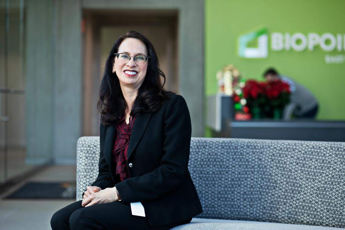AskBio cofounder and former CEO Sheila Mikhail at the Research Triangle Park-based gene therapy company in December 2021.