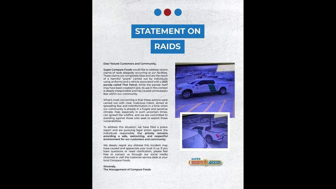 Statement from Super Compare Foods about rumors of an immigration raid on its store in Durham.