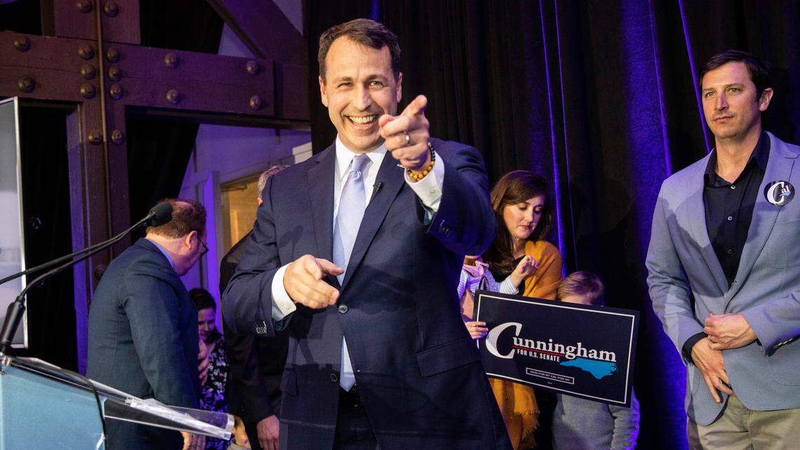 Democratic U.S. Senate candidate Cal Cunningham speaks during a North Carolina Democratic Party primary election watch party at Traine Raleigh Tuesday, March 3, 2020.