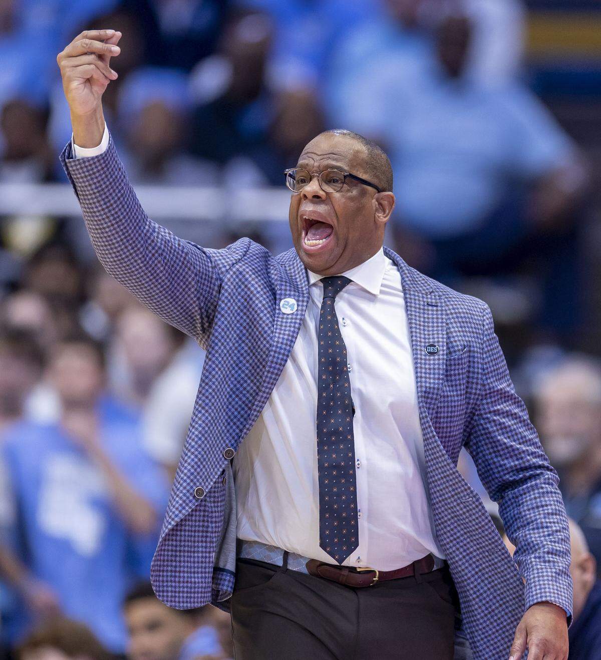 North Carolina coach Hubert Davis directs his team on offense in the first half against Wake Forest on Saturday, January 10, 2026 at the Smith Center in Chapel Hill, N.C.