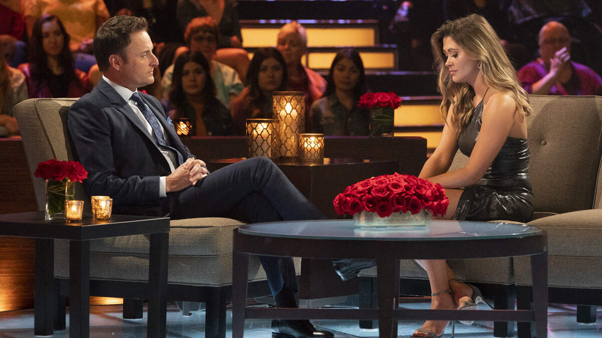Host of “The Bachelor,” Chris Harrison, left, with Caelynn Miller-Keyes in the March 5 “Women Tell All” episode.