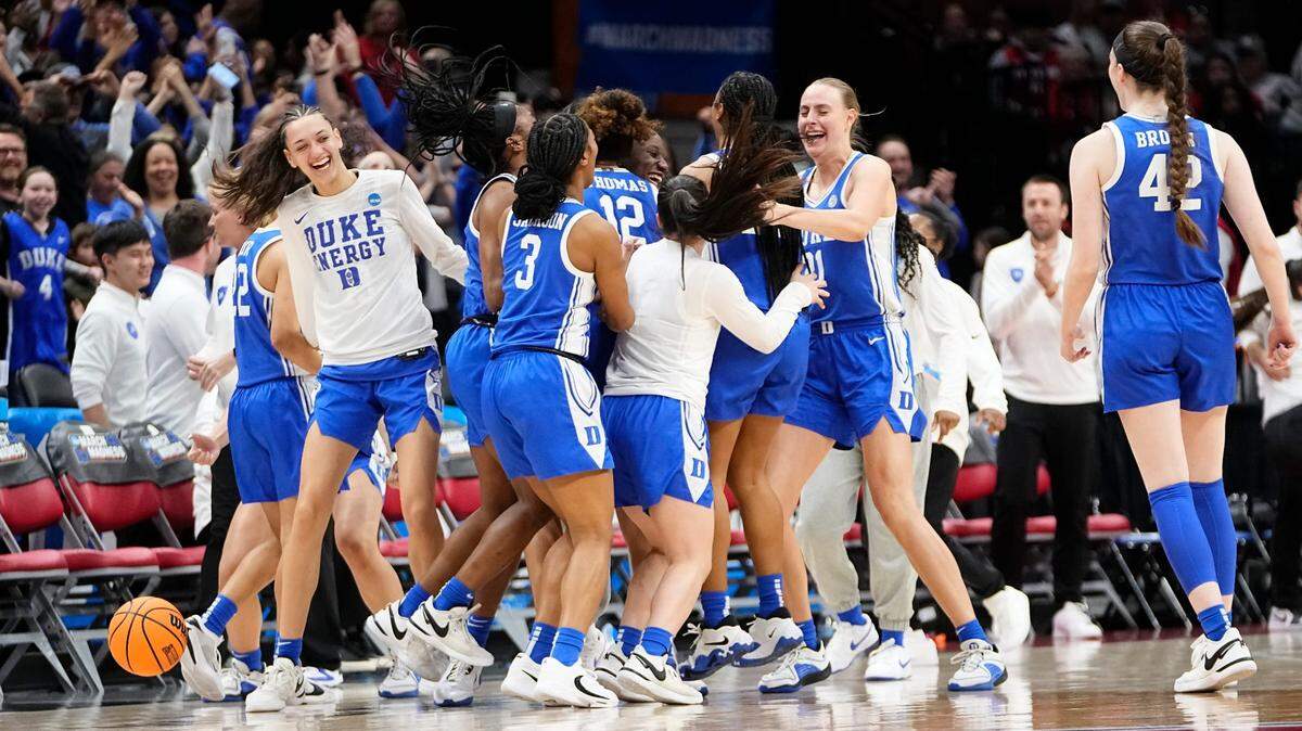 Mar 24, 2024; Columbus, OH, USA; The Duke Blue Devils celebrate following the women’s NCAA Tournament second round game Ohio State Buckeyes at Value City Arena. Duke won 75-63.