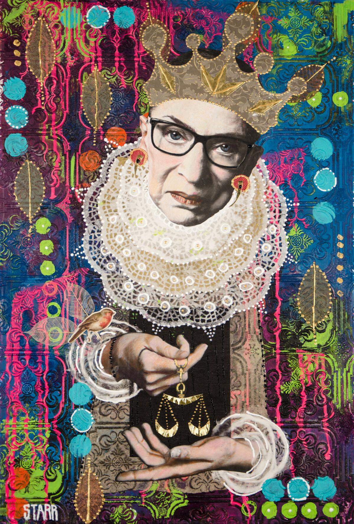 “Judgement Before the Fall (When There are Nine)” by Linda Starr, 20” x 30”, mixed media on wood panel