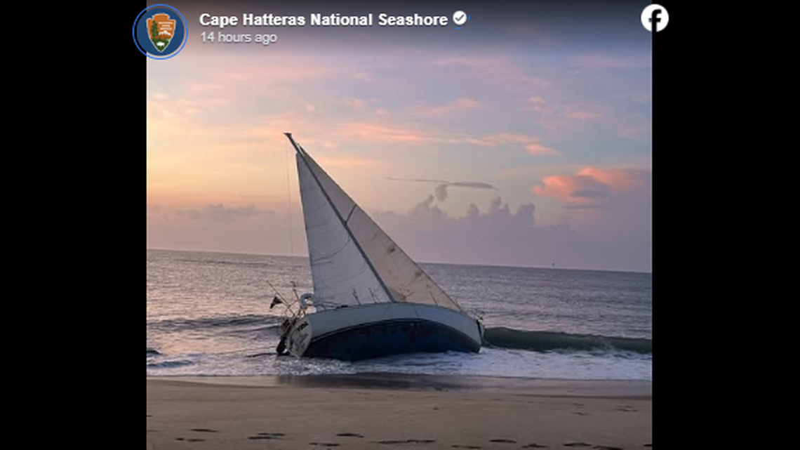 A 32-foot boat ran aground at 4 a.m. on North Carolina’s Outer Banks. One person was aboard as it hit the beach, Cape Hatteras National Seashore says.