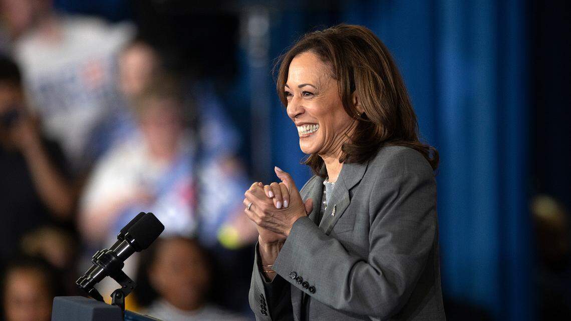 Vice President Kamala Harris smiles after being introduced during a campaign event at James B. Dudley High School on Thursday, July 11, 2024, in Greensboro, N.C.