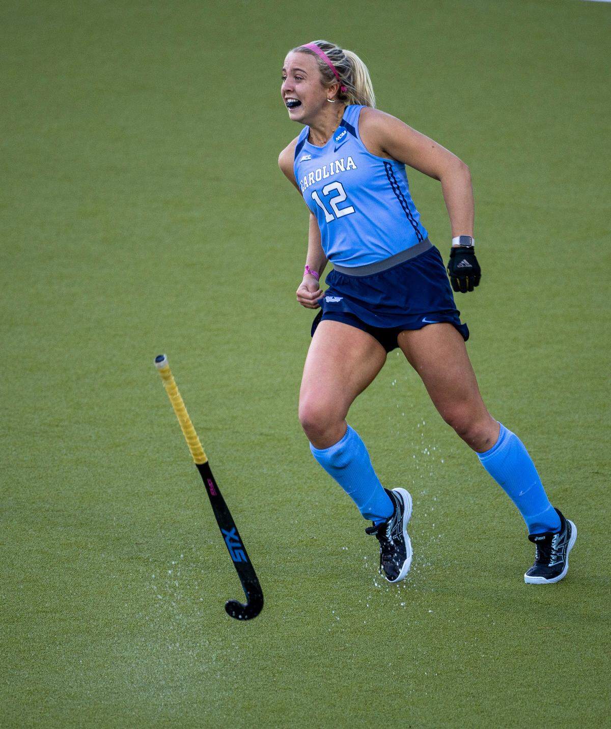 North Carolina’s Ryleigh Heck (12) reacts after she scored the game winning goal in a sudden death shootout on Northwestern goalie Annabel Skubisz to clinch the NCAA Division I Field Hockey Championship on Sunday, November 19, 2023 at Karen Shelton Stadium in Chapel Hill, N.C.