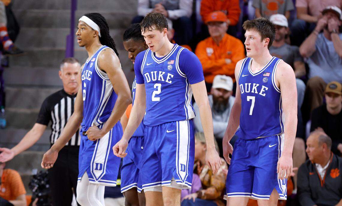 From left, Duke’s Maliq Brown (6), Sion James (14), Cooper Flagg (2) and Kon Knueppel (7) head back to center court during the second half of Clemson’s 77-71 victory over Duke at Littlejohn Coliseum in Clemson, S.C., Saturday, Feb. 8, 2025.