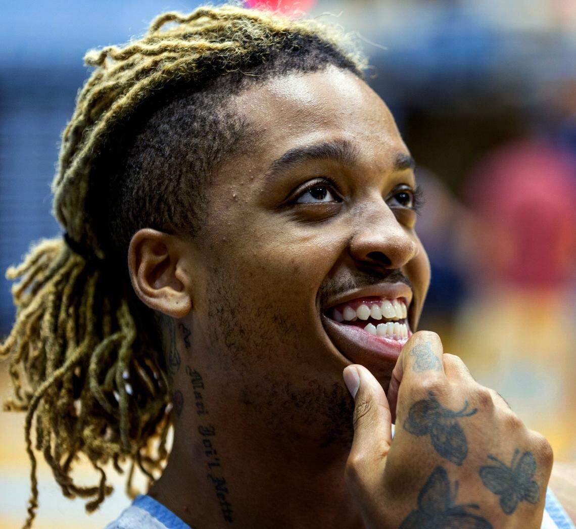 North Carolinaís Armando Bacot talks with reporters during a media availability on Monday, July 18, 2022 at the Smith Center in Chapel Hill, N.C.