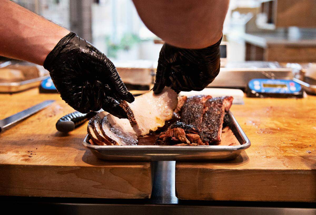 Prime Barbecue in Knightdale, NC, is known for slow smoking their barbecue over wood.